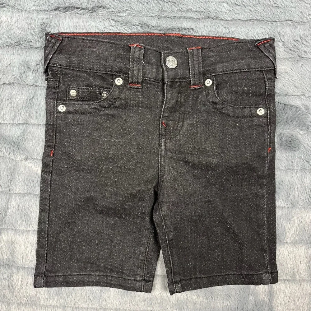 True Religion Denim Shorts Toddler 3T Black Red Contrast Stitch Horseshoe Logo
